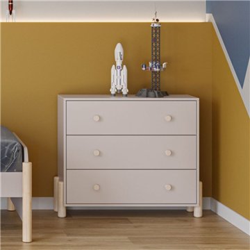 Cassettiera Enola in legno massiccio con 3 cassetti beige e gambe in pino naturale 90x40x80H