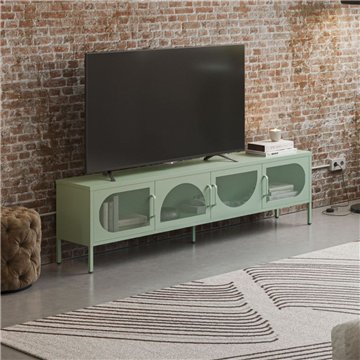 Porta TV in metallo Tayra con 4 ante reticolate verde menta 180x35x50H - Stile moderno e anima industrial