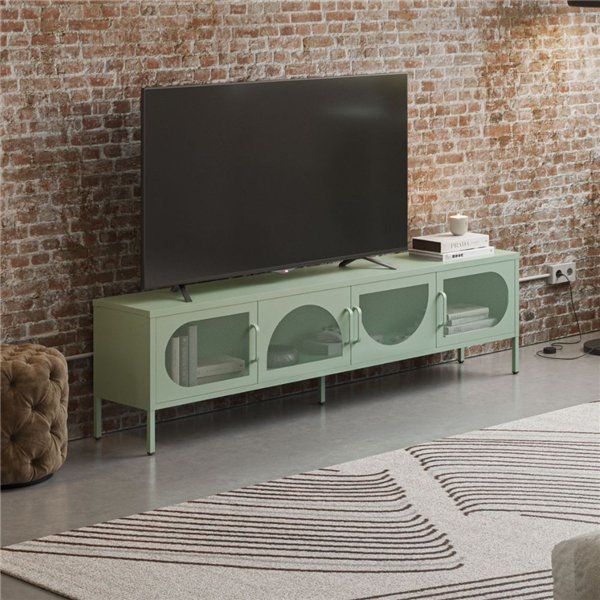 Porta TV in metallo Tayra con 4 ante reticolate verde menta 180x35x50H - Stile moderno e anima industrial Porta TV in metallo Tayra con 4 ante reticolate verde menta 180x35x50H - Stile moderno e anima industrial