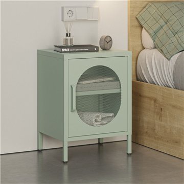 Comodino in metallo Diora verde menta con anta reticolata - Design industriale, anima versatile