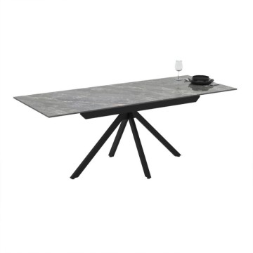 Raztegljiva miza iz keramike z učinkom sivega marmorja in črnimi kovinskimi nogami 140/200x80x76H Perla