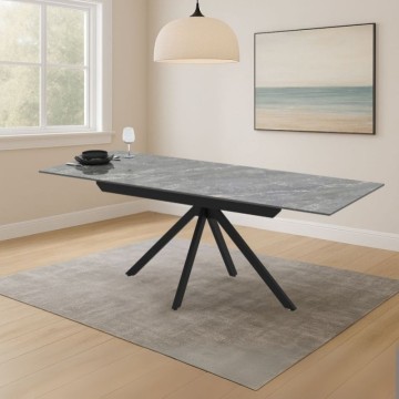 Raztegljiva miza iz keramike z učinkom sivega marmorja in črnimi kovinskimi nogami 140/200x80x76H Perla