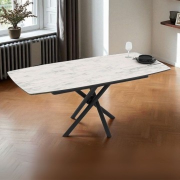 Raztegljiva miza z vrhom iz belega marmorja in črnimi prečnimi nogami 138/178x90x76H Katrin