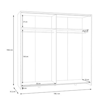 Garderoba 2 drsna zrcalna vrata 190x61x190,5H bela barva Elio