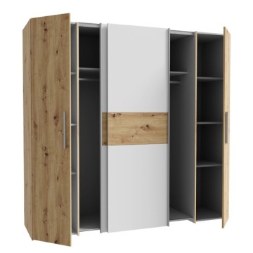 Garderobna omara 4 hrastova in bela vrata z drsnimi in vrtljivimi vrati 200x61x190H Teodoro