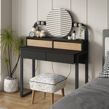 Toeletta trucco con 4 cassetti luci a led e specchio rotondo colore nero e rovere Lora