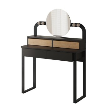 Toeletta trucco con 4 cassetti luci a led e specchio rotondo colore nero e rovere Lora