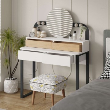 copy of Toeletta trucco con 4 cassetti luci a led e specchio rotondo colore nero e rovere Lora